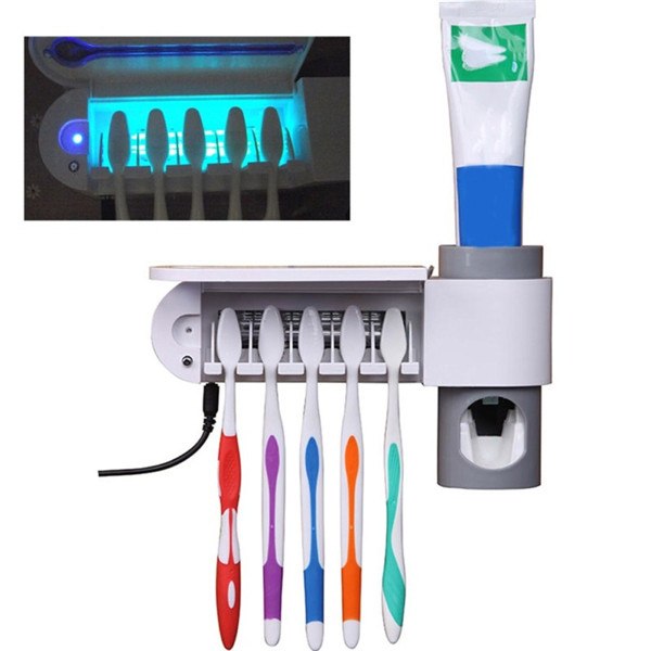 Suporte Dispenser Aplicador Pasta Escova de Dentes Esterilizador Com Luz UV Antibacteriano Automático Banheiro