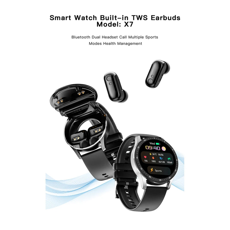 X7 Smart Watch TWS 2 em 1 com Fones de Ouvido Bluetooth - Monitoramento de Saúde, Pressão Arterial, Esporte e Música